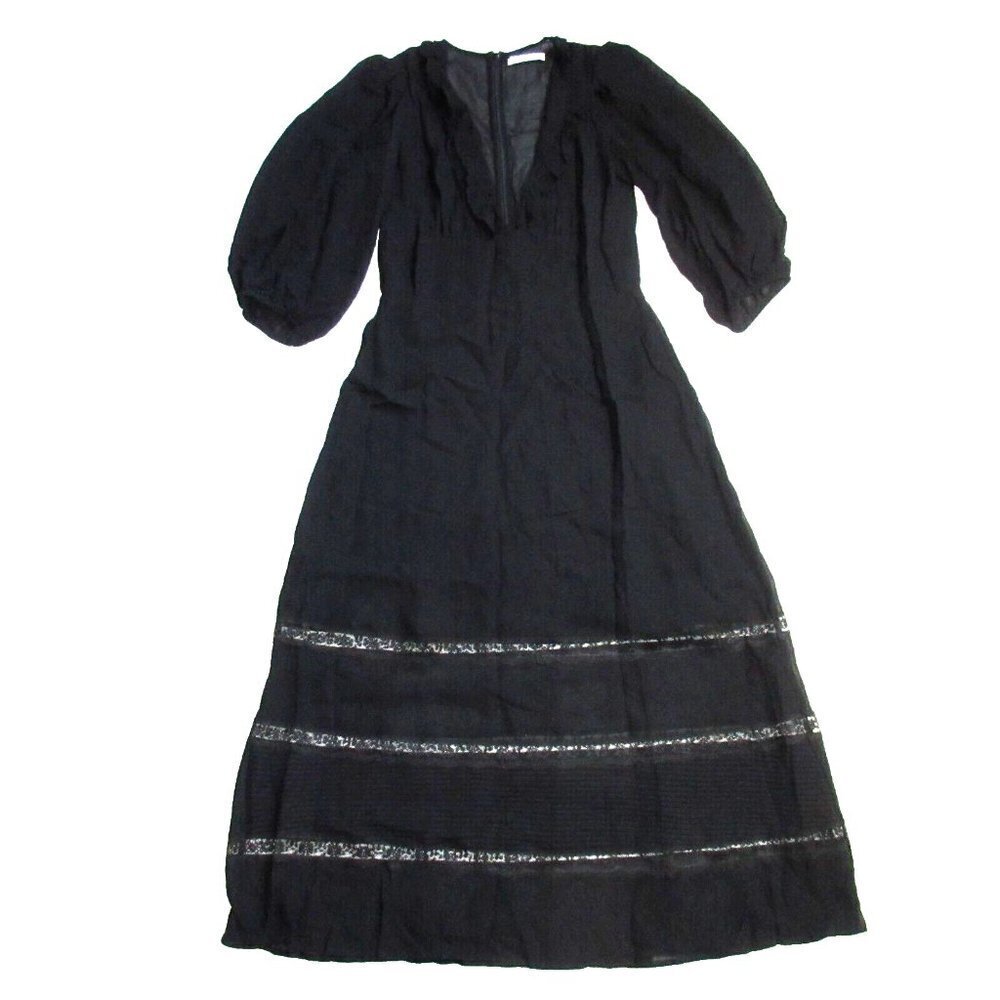 NWT Reformation Bayley Midi in Black Ruffled Deep V-neck Georgette Dress 10